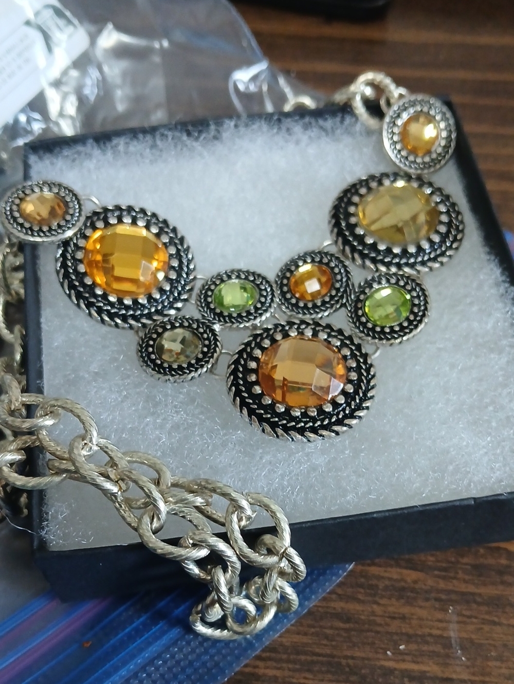 Silver-Tone Necklace with Amber and Peridot Glass Stones